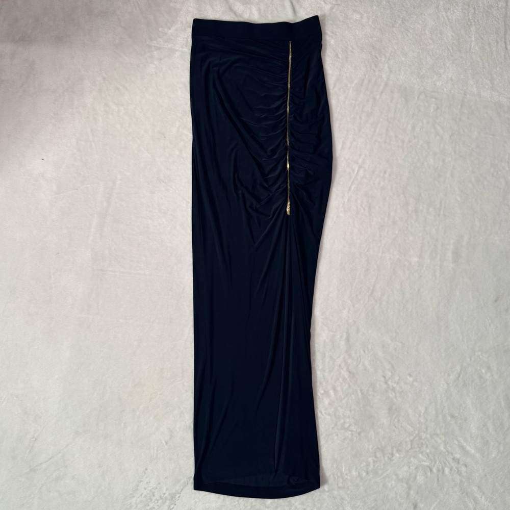 Cache Navy Blue Maxi Skirt with Gold Zipper Detail